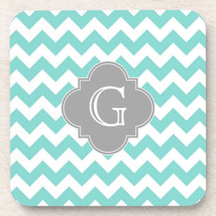 Turq / Aqua White Chevron Gray Quatrefoil Monogram Drankjes Onderzetter