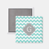 Turq / Aqua White Chevron Gray Quatrefoil Monogram Magneet (Voorkant / Achterkant)