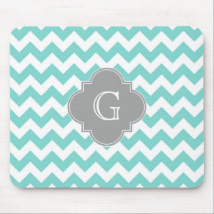 Turq / Aqua White Chevron Gray Quatrefoil Monogram Muismat