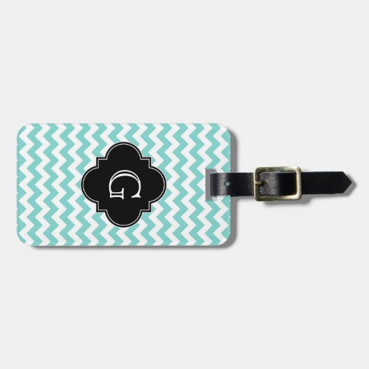 Turq / Aqua Wht Chevron Black Quatrefoil Monogram Bagagelabel (Voorkant horizontaal)