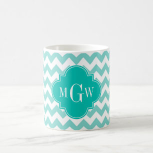 Turq / Aqua Wht Chevron Blauwgroen 3 Initiaal mono Koffiemok