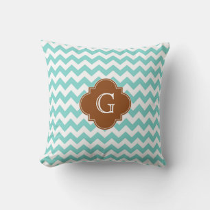 Turq / Aqua Wht Chevron Bruin Vierblad Monogram Kussen