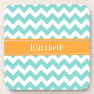 Turq / Aqua Wht Chevron Cantaloupe Name Monogram Drankjes Onderzetter