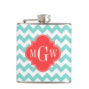 Turq Aqua Wht Chevron Coral Quatrefoil 3 Monogram Heupfles
