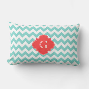 Turq / Aqua Wht Chevron Coral Quatrefoil Monogram Kussen