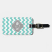 Turq / Aqua Wht Chevron Gray 3 Initiaal Monogram Bagagelabel (Voorkant horizontaal)