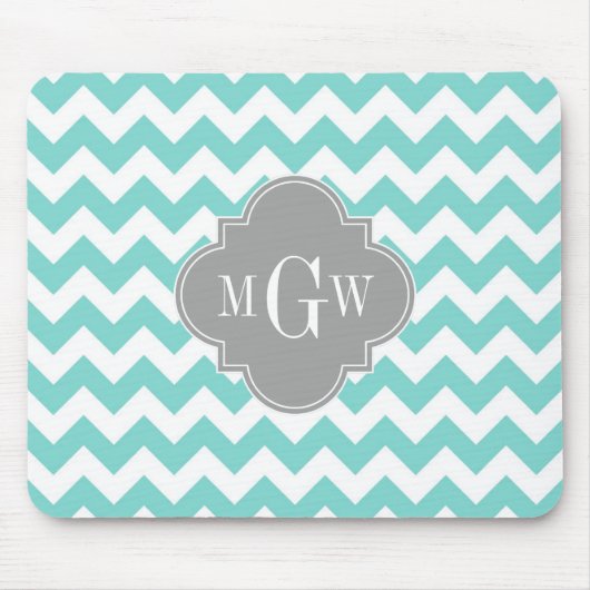 Turq / Aqua Wht Chevron Gray 3 Initiaal Monogram Muismat (Voorkant)