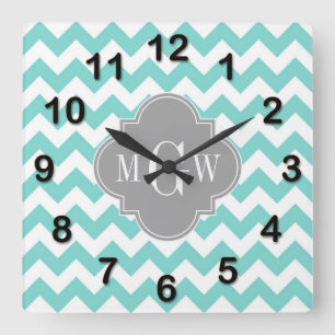 Turq / Aqua Wht Chevron Gray 3 Initiaal Monogram Vierkante Klok