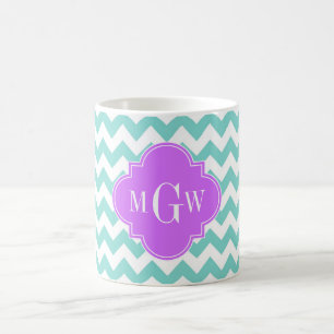 Turq / Aqua Wht Chevron Lila 3 Initiaal monogram Koffiemok