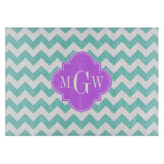 Turq / Aqua Wht Chevron Lila 3 Initiaal monogram Snijplank (Voorkant)