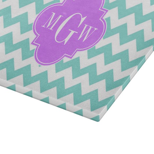 Turq / Aqua Wht Chevron Lila 3 Initiaal monogram Snijplank (Hoek)