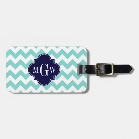 Turq / Aqua Wht Chevron Navy 3 Initiaal Monogram Bagagelabel (Voorkant horizontaal)