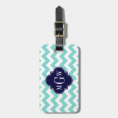 Turq / Aqua Wht Chevron Navy 3 Initiaal Monogram Bagagelabel (Voorkant verticaal)