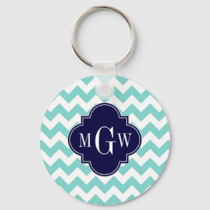 Turq / Aqua Wht Chevron Navy 3 Initiaal Monogram Sleutelhanger