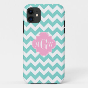 Turq / Aqua Wht Chevron Pink 3 Initiaal Monogram iPhone 11 Hoesje