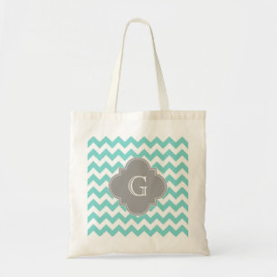 Turq / Aqua Wit Chevron Grijs Quatrefoil Monogram Tote Bag