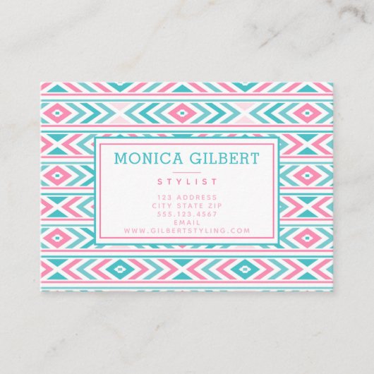 Turqoise en roze Geometric Aztec Pattern Visitekaartje (Voorkant)