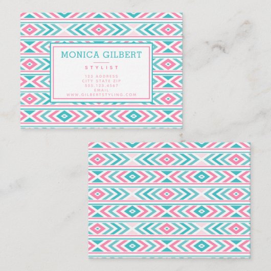 Turqoise en roze Geometric Aztec Pattern Visitekaartje (Voorkant / Achterkant)