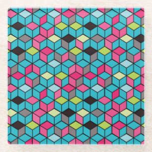 Turqouise- en roze-kubuspatroon glazen onderzetter