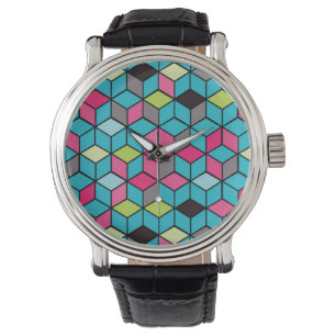 Turqouise- en roze-kubuspatroon horloge