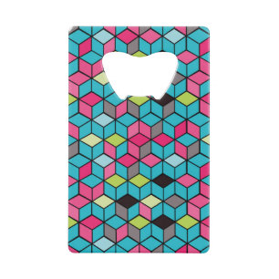 Turqouise- en roze-kubuspatroon kredietkaart flessenopener