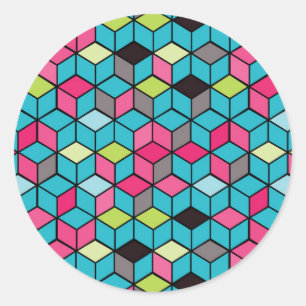 Turqouise- en roze-kubuspatroon ronde sticker