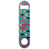 Turqouise- en roze-kubuspatroon speed flessenopener (Achterkant)