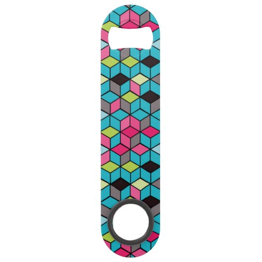 Turqouise- en roze-kubuspatroon speed flessenopener (Voorkant)