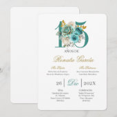 Turqouise floral quinceañera invitation (Devant / Derrière)