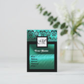 TURQUASE BLUE SILK DAMASK CLOTH, SQUARE MONOGRAM VISITEKAARTJE (Staand voorkant)