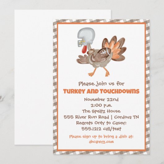 Turquie et Touchdowns Thanksgiving Invitation (Devant / Derrière)