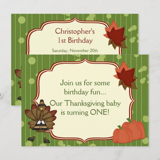 Turquie Thanksgiving 1st Birthday Invitation for B (Devant / Derrière)