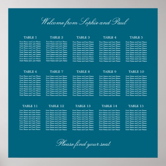 Turquoise 15 Table Wedding Seating Chart Poster (Voorkant)
