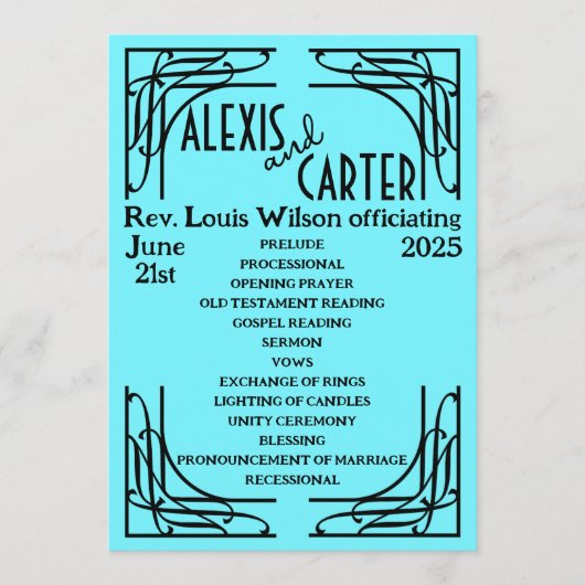 Turquoise 1920's bruiloft programma (Voorkant)