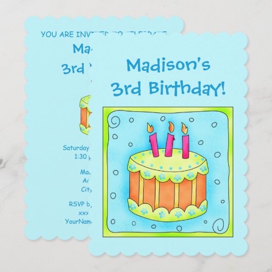 Turquoise 3e anniversaire fêter invitation (Devant / Derrière)