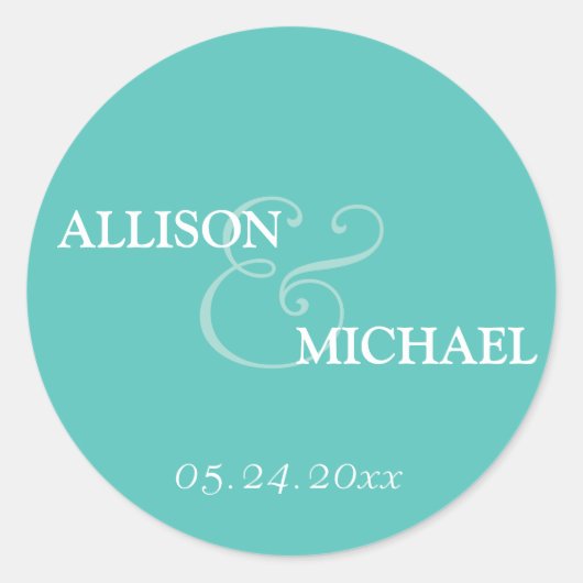 Turquoise aangepaste ampersand bruiloft gunst labe ronde sticker (Voorkant)