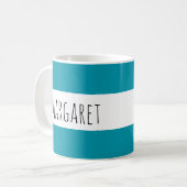 Turquoise aangepaste naam gepersonaliseerd koffiemok (Voorkant links)