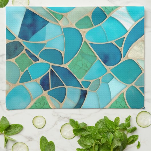 Turquoise Abstract Mozaïek Theedoek (Gevouwen)