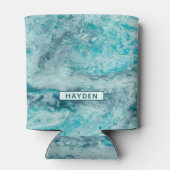 Turquoise Abstract Paint Pour Art Monogram Blikjeskoeler (Achterkant)