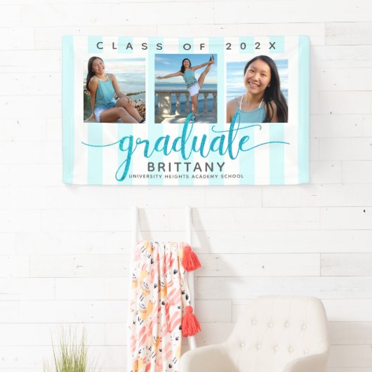 Turquoise afstuderen 3 foto modern glitter script spandoek (Insitu)