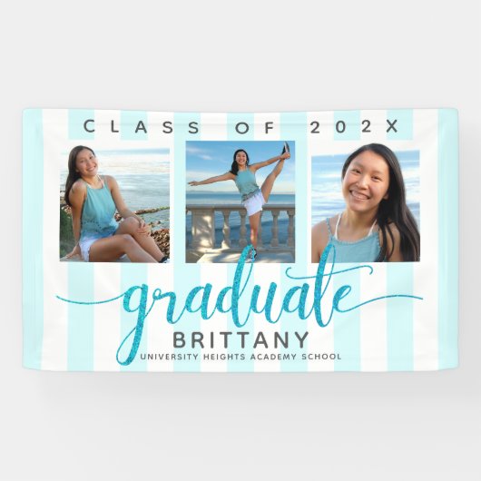 Turquoise afstuderen 3 foto modern glitter script spandoek (Horizontaal)