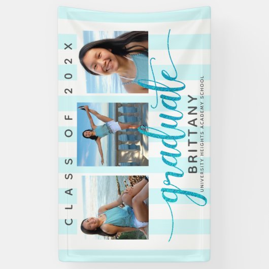 Turquoise afstuderen 3 foto modern glitter script spandoek (Verticaal)