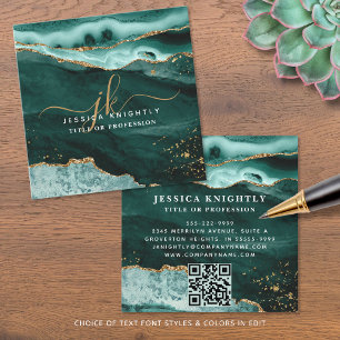 Turquoise Agaat Gold Glitter Script Monogram QR Vierkante Visitekaartje