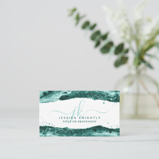 Turquoise Agate Glitter Monogram Script Swash Visitekaartje (Staand voorkant)