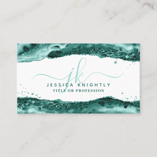 Turquoise Agate Glitter Monogram Script Swash Visitekaartje (Voorkant)