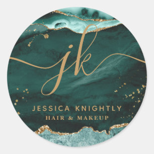 Turquoise Agate Gold Glitter Script Monogram Logo Ronde Sticker