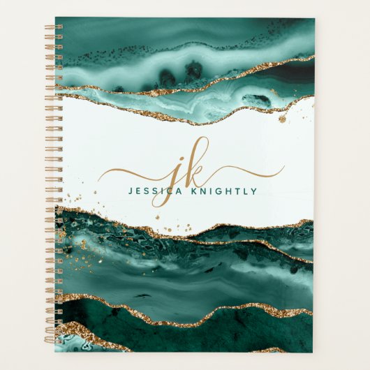 Turquoise Agate Gold Glitter Script Monogram Planner (Voorkant)