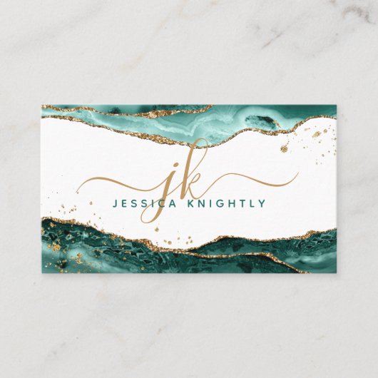 Turquoise Agate Gold Glitter Script Monogram Visitekaartje (Voorkant)