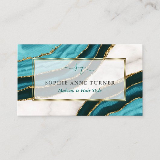 Turquoise Agate Initialen Calligraphy Logo Brandin Visitekaartje (Voorkant)