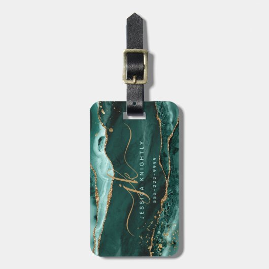Turquoise Agate Script Monogram Gold Glitter Bagagelabel (Voorkant verticaal)
